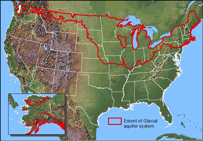 map of united states with the glacial aquifer system outlined in red, primarily in the northeast